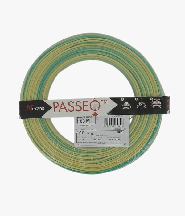 Nexans – Fil Rigide H07V-U Passeo 1×2.5 Vert/Jaune – Rouleau de 100 m